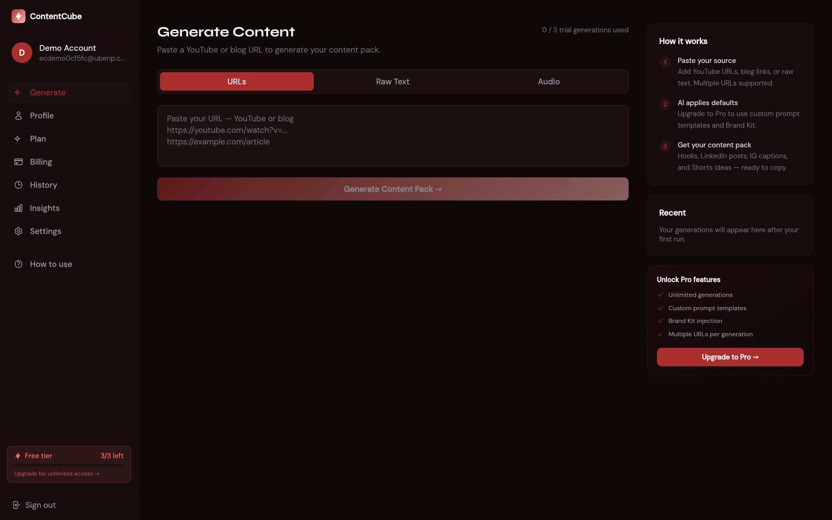 ContentCube Generate screen: paste YouTube or blog URLs, raw text or audio and generate a content pack