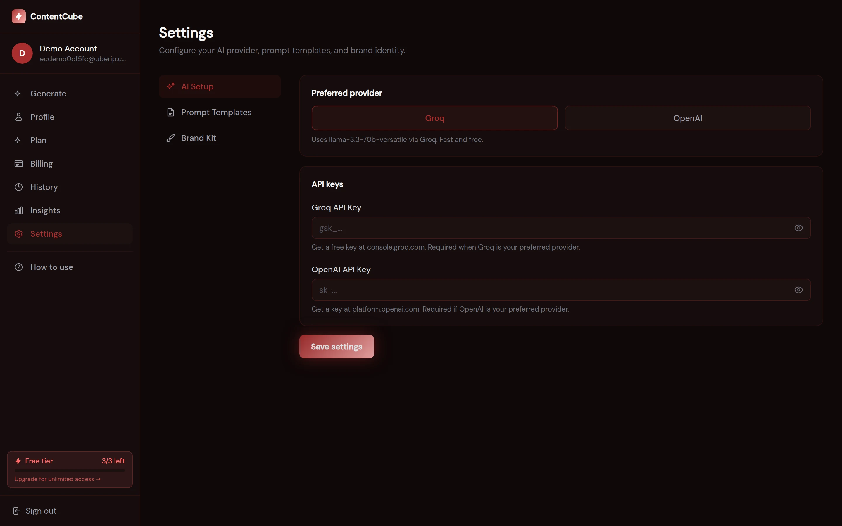 ContentCube settings: choose Groq or OpenAI as the AI provider and add your own API key