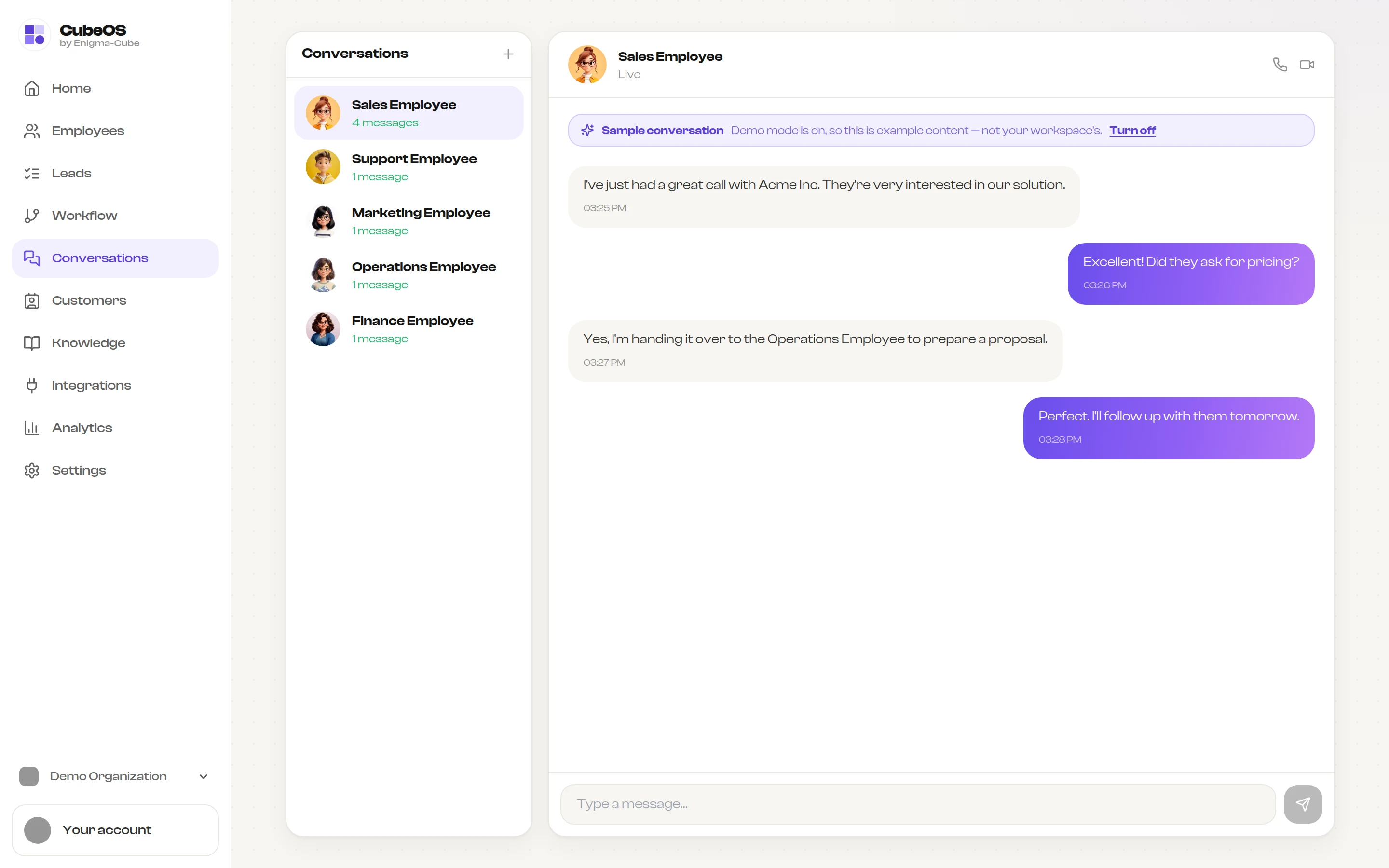 CubeOS conversations: the AI employees handing a deal between them